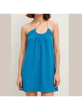 MANGO Poplin Cotton Asymmetrical swing A-line dress Blue sleeveless Sz US 8